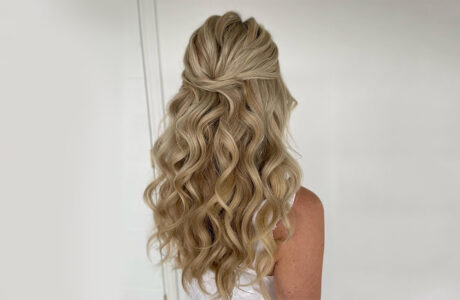 Parla Hair - Blonde Bridal Hair Client Half-Updo with Curls at Bridal Hair Trial